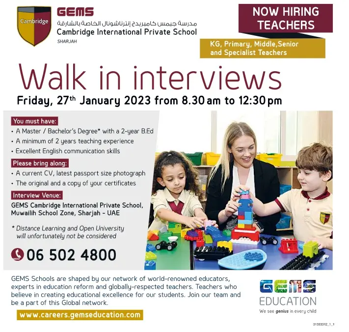 Gems School Conducting Walk In Interviews Sharjah UAE