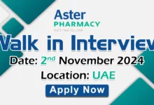 Aster Pharmacy Walk in Interview in UAE