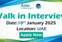 Aster Pharmacy Walk in Interview in UAE