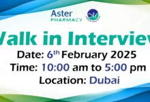 Aster Pharmacy walk in interview in Dubai